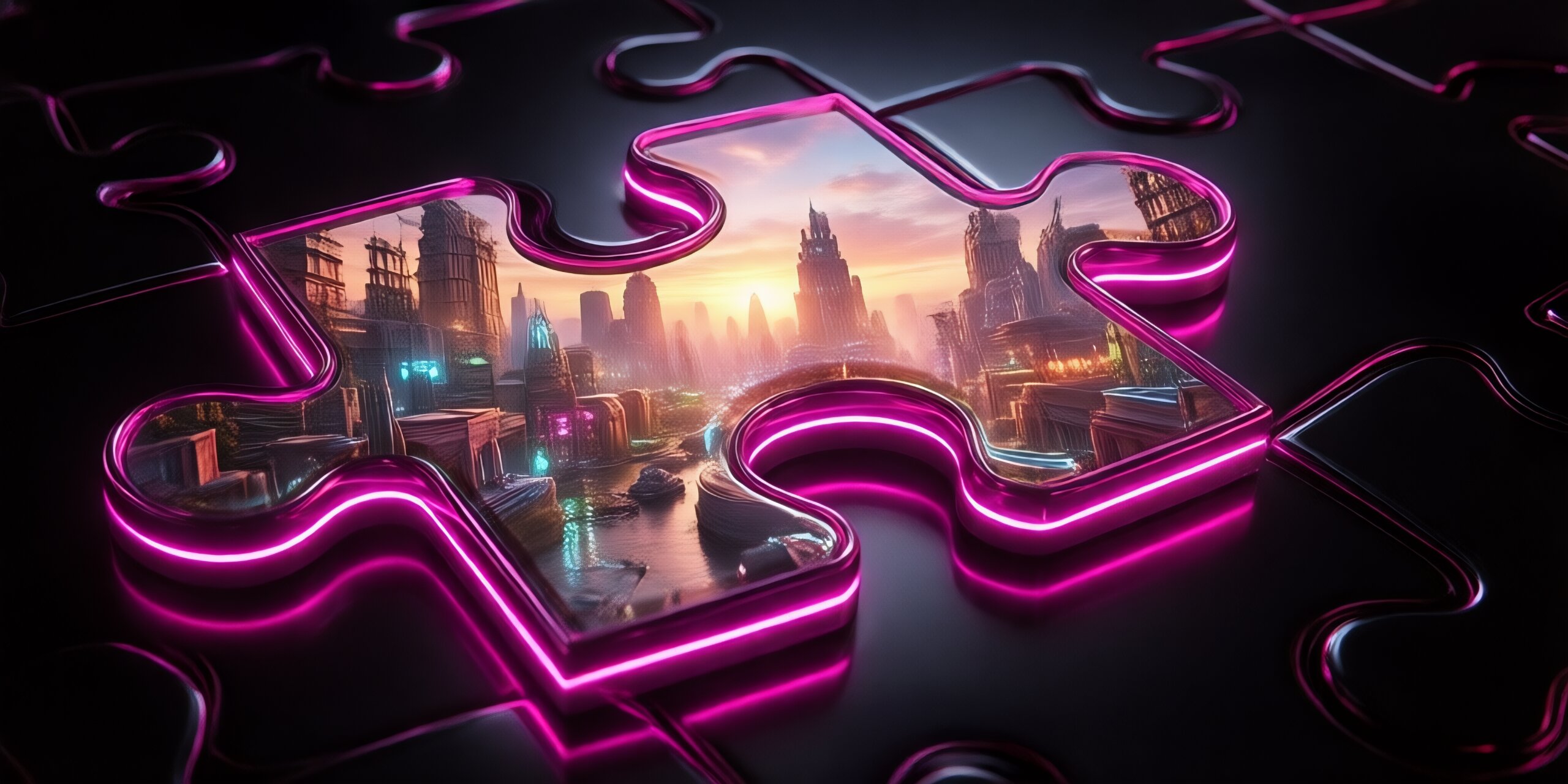 Jigsaw Reveal cover art — glowing neon puzzle piece revealing a futuristic city beneath
